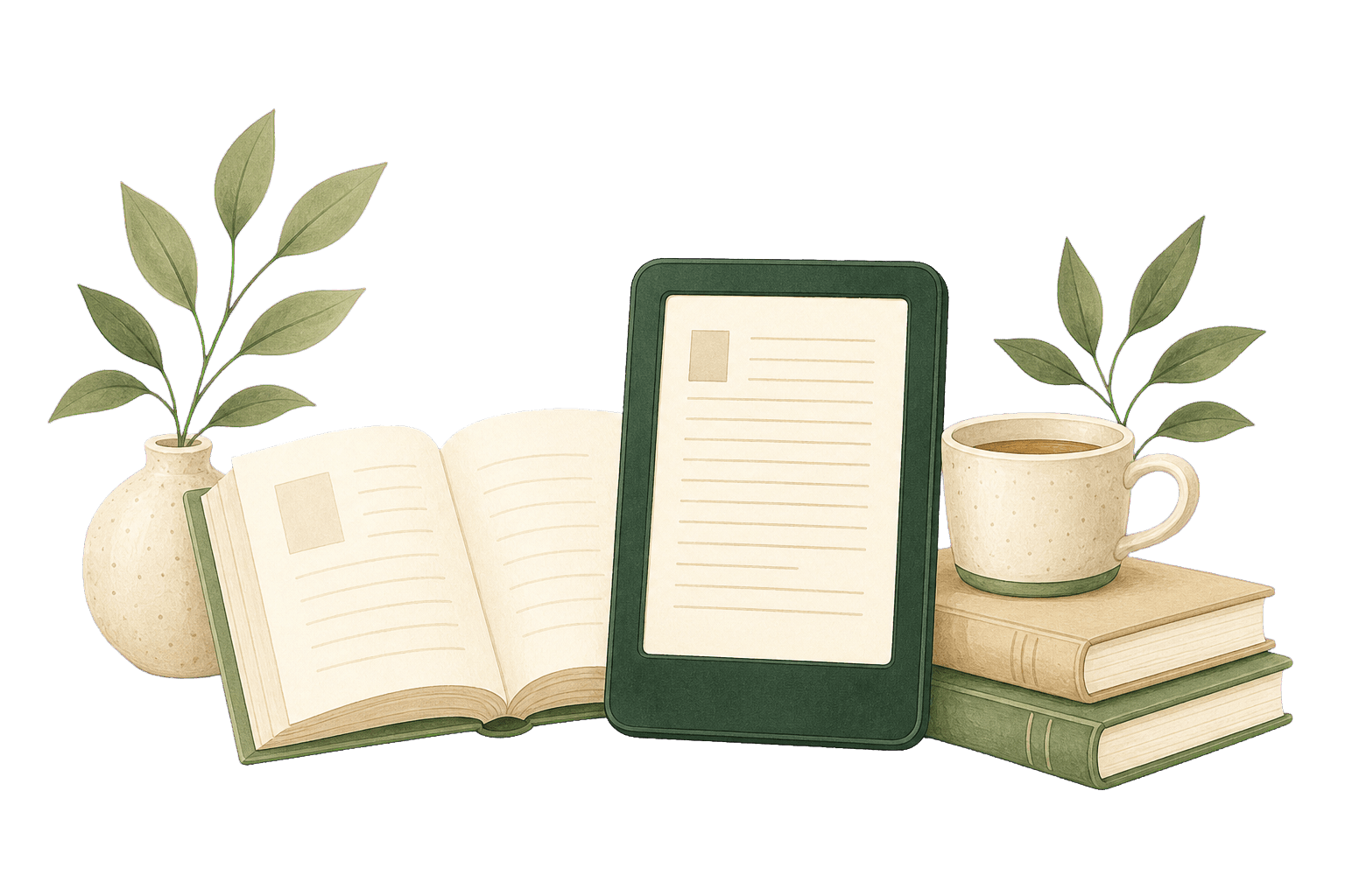 An open book beside an e-reader, books, plants and tea