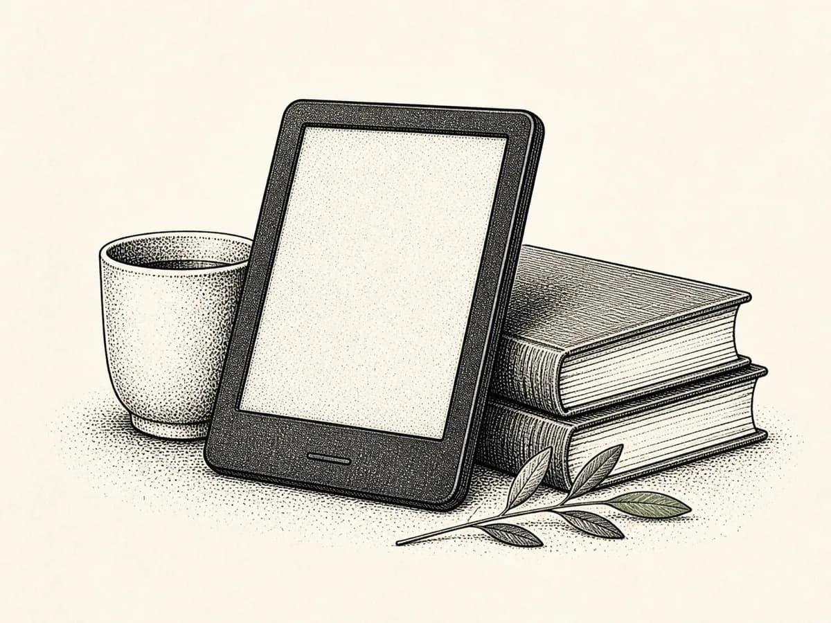 A finished Quiet Digest issue resting on a table beside an e-reader