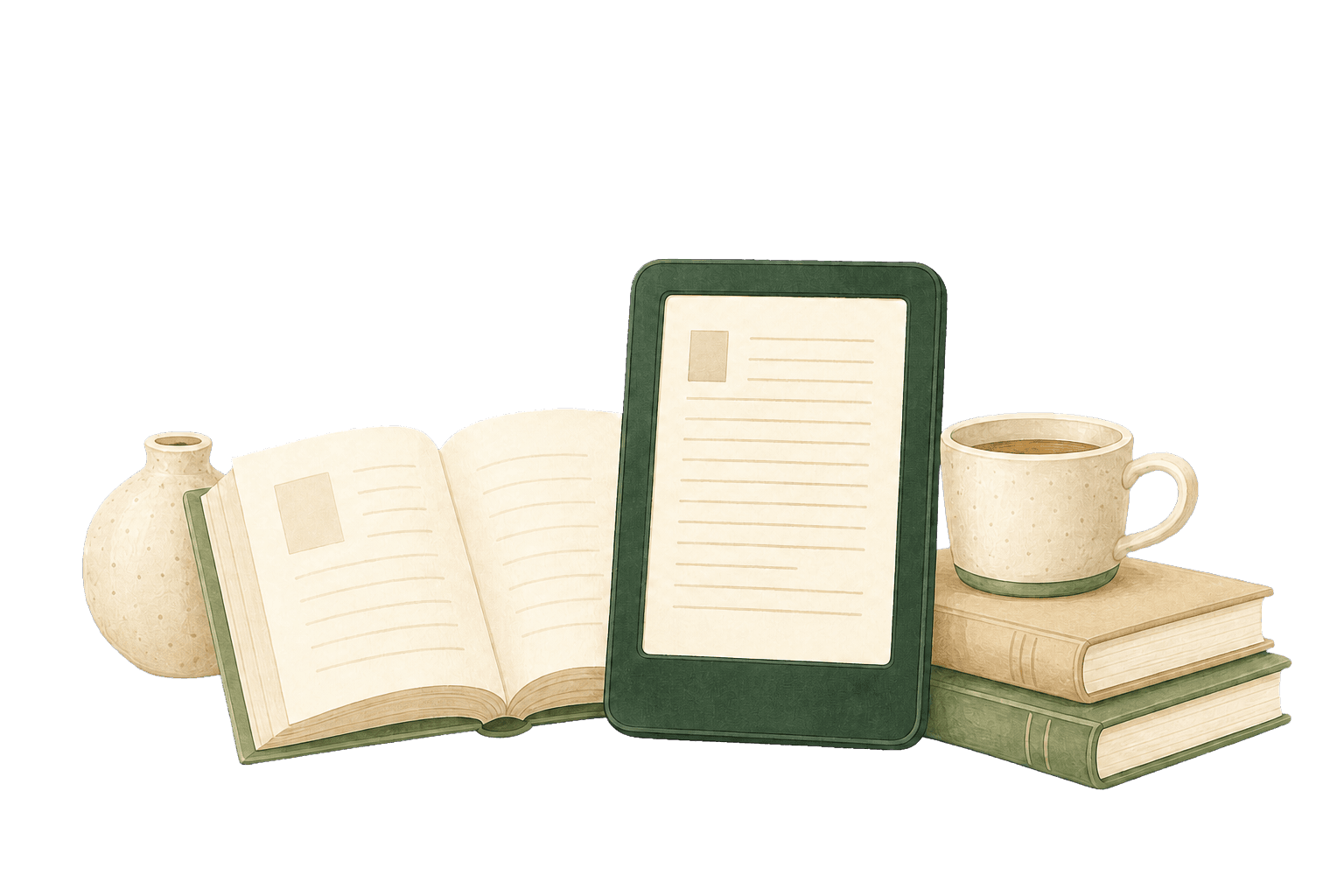 An open book beside an e-reader, books, plants and tea